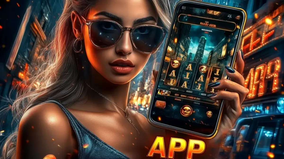 Uma mulher loira estilosa usando óculos de sol segura um celular que exibe um jogo de caça-níqueis, com a palavra APP em destaque, em um cenário de uma cidade noturna com luzes de néon