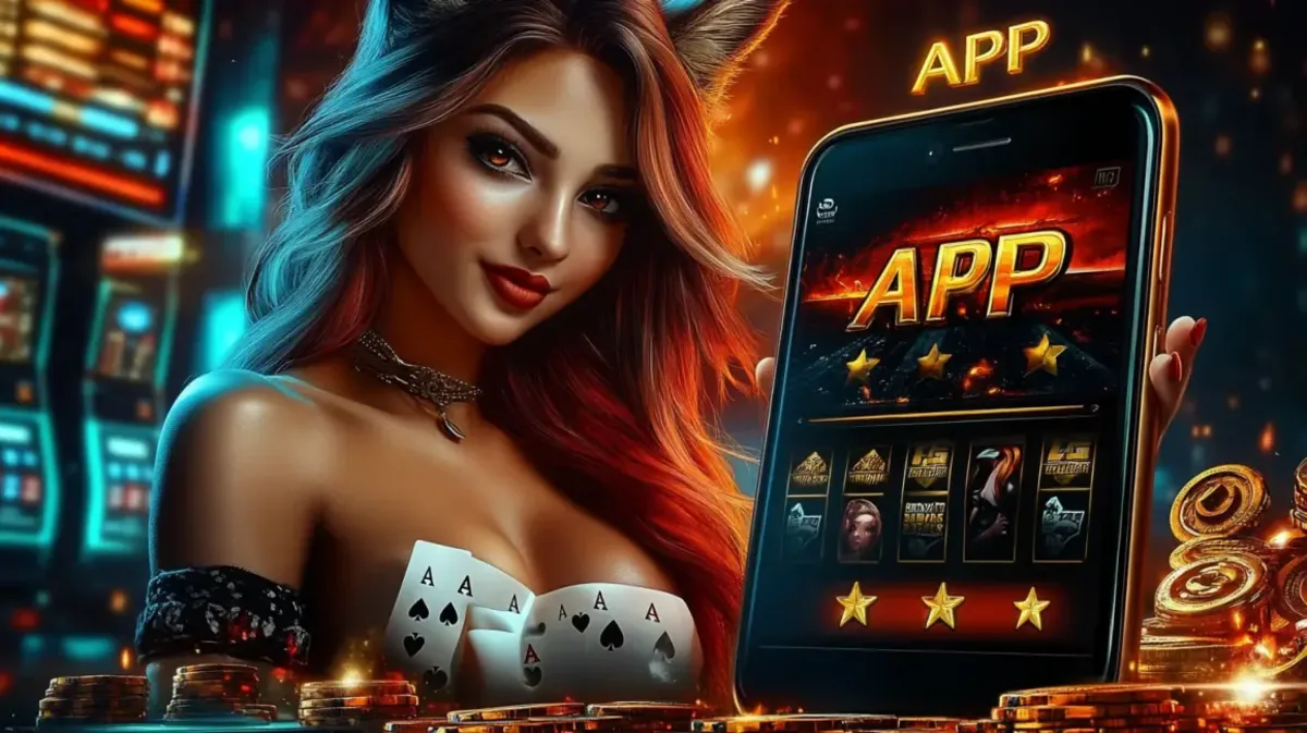 Uma mulher com orelhas de gato e cabelo colorido, usando um top feito de cartas de baralho, exibe um smartphone com a palavra APP e um jogo de caça-níqueis na tela