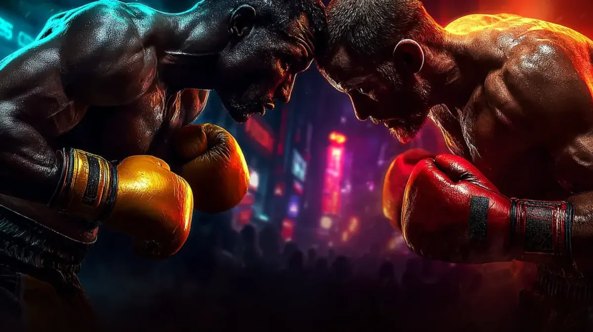 Um close-up de uma corrida de cavalos em alta velocidade, com o cavalo da frente em foco, mostrando a intensidade e a competição do esporte, com jóqueis montados