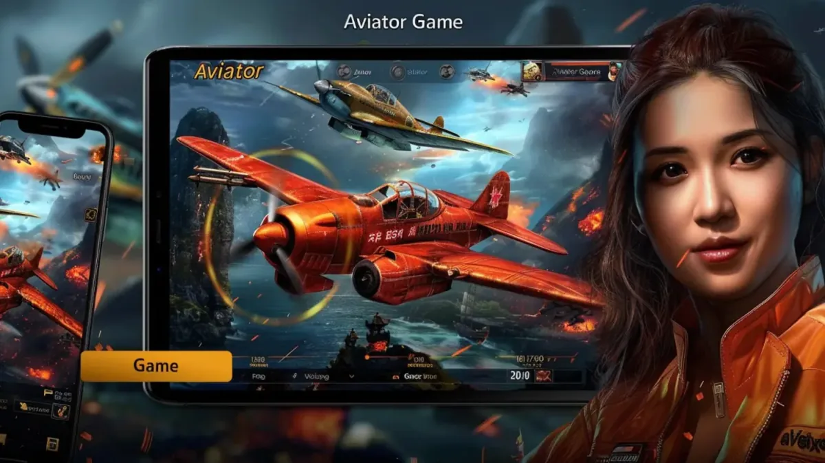 Uma mulher asiática sorrindo, com um tablet exibindo a tela principal do Aviator Game, que mostra vários aviões de estilo antigo voando em um céu azul com nuvens