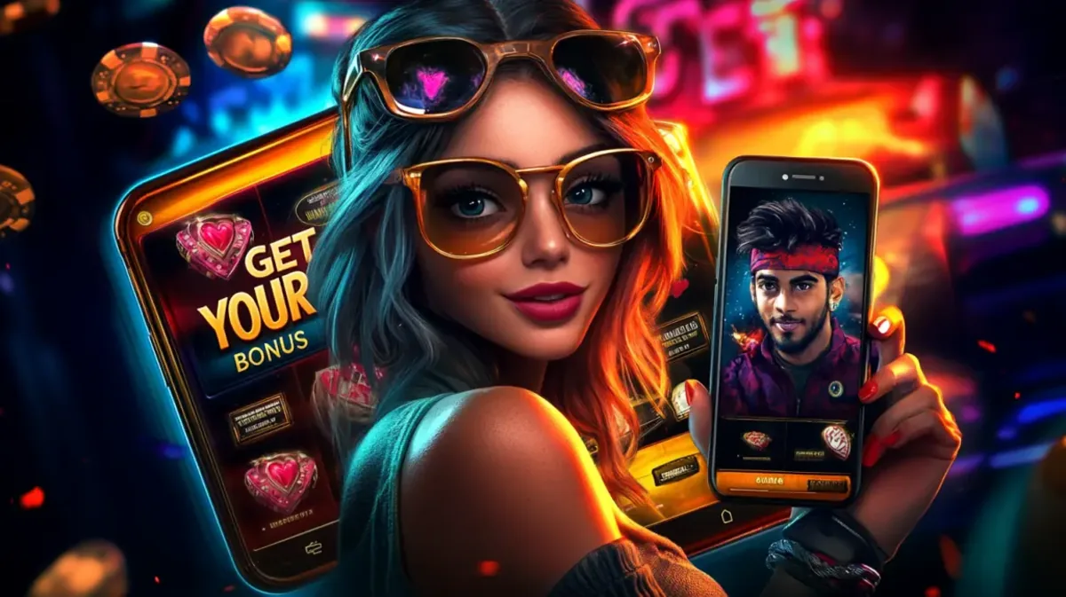 Uma mulher com cabelo azul e óculos de sol, segurando um smartphone que mostra um jogo de caça-níqueis com a frase GET YOUR BONUS, em um fundo de cassino com luzes de néon