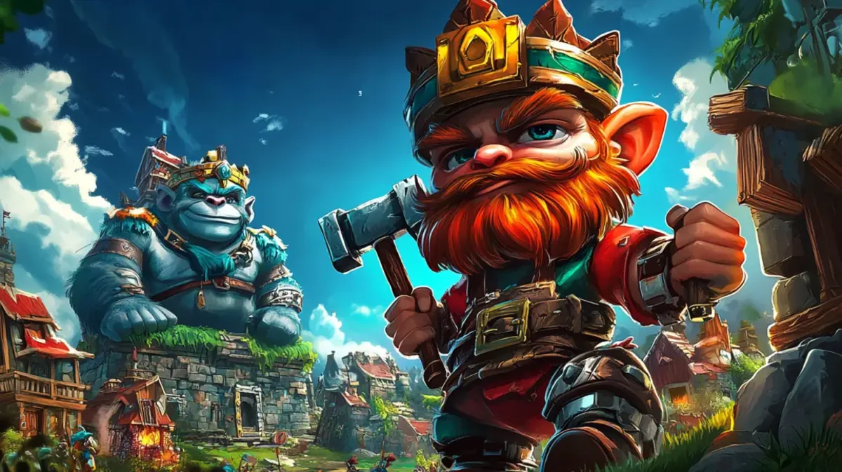 O deus grego Zeus do jogo de caça-níqueis Gates of Olympus, com uma expressão séria e músculos definidos, em frente a um templo grego com o logotipo do jogo em neon