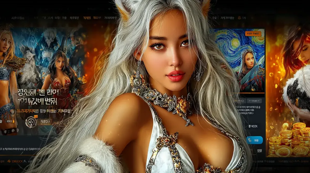 Uma mulher glamorosa com maquiagem perfeita e um colar de joias em um ambiente de cassino ao vivo, com luzes de néon e fichas de pôquer numeradas flutuando ao seu redor