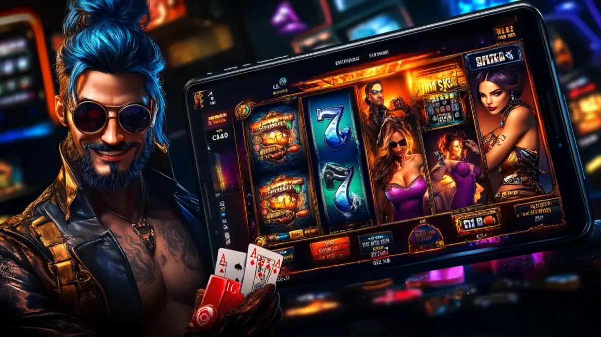 Uma personagem de anime com armadura branca e cabelo loiro, ao lado de uma raposa branca e máquinas caça-níqueis, representando jogos temáticos de cassino ao vivo