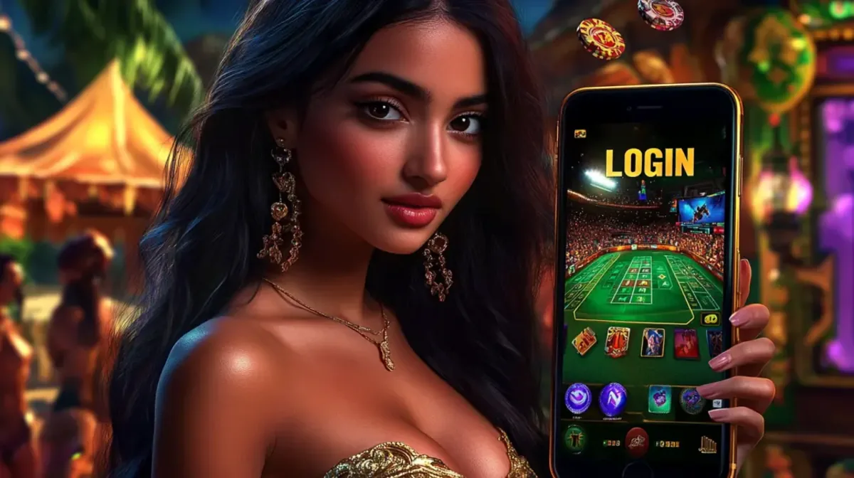 Uma mulher de cabelos escuros em um ambiente tropical, segurando um smartphone que exibe uma tela de LOGIN sobre uma interface de apostas esportivas, com fichas de cassino flutuando