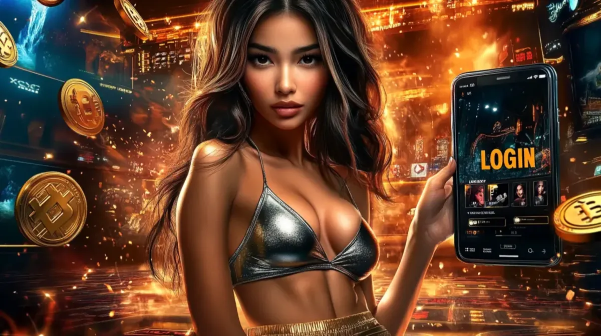 Uma mulher elegante com um top prateado segura um celular com a palavra LOGIN em destaque, em um cenário de cidade futurista com efeitos de luz e moedas de Bitcoin flutuantes