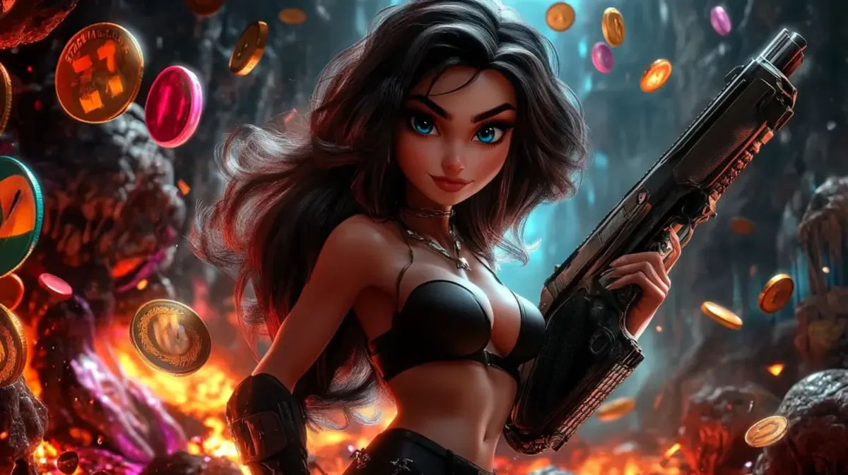 Uma personagem de jogo animada com cabelos escuros e olhos azuis, segurando uma arma grande em um cenário de caverna com fogo e moedas flutuantes, representando um jogo de ação