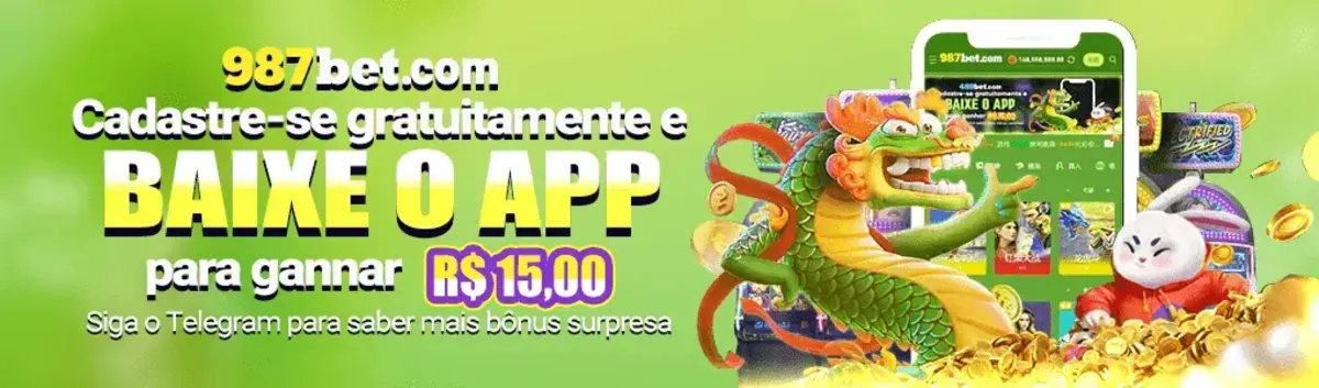 Banner promocional da 987bet com fundo verde, oferecendo R15,00