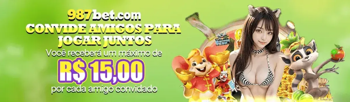 Banner do programa 'Convide Amigos' da 987bet com fundo verde, que oferece um bônus de até R$ 15,00 por cada amigo indicado para jogar na plataforma